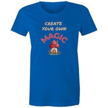 Load image into Gallery viewer, Empower your wardrobe with our women's t-shirt featuring the inspiring message 'Create Your Own Magic.' This high-quality, inspirational graphic t-shirt is perfect for those who love positive quotes and want to spread positivity. Make a statement with this must-have, empowering quote t-shirt.