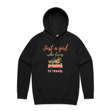 Load image into Gallery viewer, Embrace the travel vibe with our 'Just a Girl Who Loves to Travel' hoodie. This cosy hoodie offers a relaxed fit, blending comfort with streetwear chic. Perfect for wanderers, this fashionable hoodie captures the essence of adventure, making it a staple for any traveler's wardrobe.