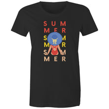 Load image into Gallery viewer, Embrace eco-friendly fashion with our women's 100% organic cotton t-shirt featuring the vibrant 'Summertime' slogan and graphic. This top-quality, premium sustainable piece is perfect for the environmentally conscious. Enjoy comfort and style with the best in organic, eco-friendly clothing.