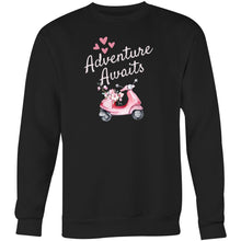 Load image into Gallery viewer, Stay cosy and stylish in our 'Adventure Awaits' unisex sweatshirt. Perfectly blending comfort and fashion, this modern oversized sweatshirt features a relaxed fit that complements any look. Ideal for streetwear lovers, it's the ultimate comfortable and fashionable addition to your wardrobe.