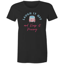 Load image into Gallery viewer, Lighten up and stay eco-conscious with our women's organic t-shirt featuring the message 'Laugh it off and keep it moving.' Made from 100% organic cotton, this premium sustainable tee combines eco-friendly comfort with a positive message. Perfect for the environmentally aware fashionista!