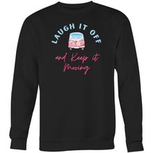 Load image into Gallery viewer, Stay cosy and motivated with our women's relaxed fit sweatshirt featuring the slogan 'Laugh it Off and Keep it Moving.' Perfect for those who love comfortable, fashionable oversized apparel. This modern sweatshirt combines style and a positive message, ensuring you move through your day with ease and inspiration.