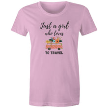 Load image into Gallery viewer, Embrace your wanderlust with this retro-inspired 'Just a Girl Who Loves to Travel' graphic t-shirt, designed for adventurous souls. Whether you're jet-setting to a new destination or dreaming of your next journey, this iconic design adds a timeless touch to your wardrobe. A must-have women's tee for travel lovers!