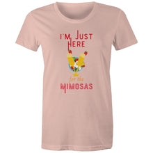 Load image into Gallery viewer, Get the party started with our women's t-shirt featuring the witty slogan 'I'm Just Here for the Mimosas.' This LOL-worthy, funny message tee is perfect for brunch lovers! Shop now for a quirky catchphrase shirt that adds humour and fun to your wardrobe.