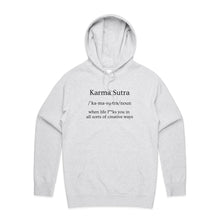 Load image into Gallery viewer, Stay effortlessly stylish with our women's relaxed fit hoodie featuring the bold message 'Karma Sutra - when life f**ks you in all sorts of creative ways.' This fashionable oversized hoodie offers a modern, laid-back vibe perfect for those who love trendy, relaxed fits and bold statements.