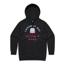 Load image into Gallery viewer, Embrace casual chic with our women's fit hoodie, featuring the fun slogan 'Laugh it Off and Keep It Moving.' Part of our premium women's hoodie collection, this piece is perfect for anyone seeking stylish ladies hoodies that combine designer quality with fashionable street style.