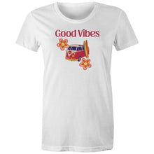 Load image into Gallery viewer, Spread positivity with our 'Good Vibes' 100% organic t-shirt. Crafted from eco-friendly, natural fibres, this sustainable tee is perfect for those who value organic cotton clothing. Feel good and do good with this stylish, comfortable, and environmentally conscious wardrobe essential.