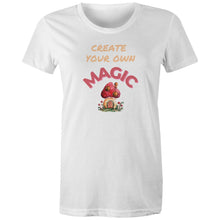 Load image into Gallery viewer, Empower your wardrobe with our women's t-shirt featuring the inspiring message 'Create Your Own Magic.' This high-quality, inspirational graphic t-shirt is perfect for those who love positive quotes and want to spread positivity. Make a statement with this must-have, empowering quote t-shirt.