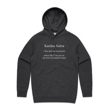 Load image into Gallery viewer, Stay effortlessly stylish with our women's relaxed fit hoodie featuring the bold message 'Karma Sutra - when life f**ks you in all sorts of creative ways.' This fashionable oversized hoodie offers a modern, laid-back vibe perfect for those who love trendy, relaxed fits and bold statements.