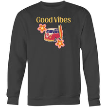 Load image into Gallery viewer, Stay cosy and stylish in our women's 'Good Vibes' sweatshirt. Designed with a relaxed fit, this fashionable oversized piece offers ultimate comfort. Perfect for those who love versatile, comfortable sweatshirts and trendy urban streetwear that spreads positivity everywhere.