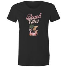 Load image into Gallery viewer, Embrace summer with our 'Beach Vibes' women's organic t-shirt. Featuring a retro graphic, this eco-friendly tee blends beachy style with the comfort of organic cotton. Perfect for the fashion-forward woman who values sustainability and laid-back vibes. Shop now and make waves!