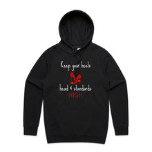 Load image into Gallery viewer, Stay stylish and empowered with our fashionable oversized women's hoodie featuring the inspiring message 'Keep your heels, head, and standards high.' This modern, relaxed-fit hoodie combines comfort with a bold statement, perfect for adding a chic touch to your everyday wardrobe.