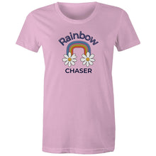 Load image into Gallery viewer, Chase your dreams in style with our 'Rainbow Chaser' women's retro t-shirt. Featuring an iconic retro graphic, this vintage-inspired tee brings vibrant colours and a nostalgic vibe. Perfect for retro clothing lovers, it’s the best choice for those seeking standout, throwback fashion.