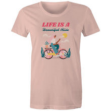 Load image into Gallery viewer, Discover our women's 'Life is a Beautiful Ride' T-shirt, featuring an empowering quote to inspire positivity. This affirmation tee blends style with an inspirational message, perfect for those seeking motivational T-shirts with uplifting, positive quotes. Wear your inspiration with pride!