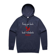 Load image into Gallery viewer, Stay stylish and empowered with our fashionable oversized women's hoodie featuring the inspiring message 'Keep your heels, head, and standards high.' This modern, relaxed-fit hoodie combines comfort with a bold statement, perfect for adding a chic touch to your everyday wardrobe.