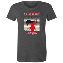 Load image into Gallery viewer, Shine bright in our women's t-shirt featuring the slogan 'Time to Shine - Relax Summertime.' This retro-inspired tee showcases an iconic graphic perfect for adding a nostalgic touch to your wardrobe. Embrace the classic vibe with this must-have piece.