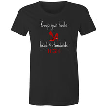 Load image into Gallery viewer, Elevate your wardrobe with our women's affirmation t-shirt featuring the empowering quote, 'Keep Your Heels, Head, and Standards High.' This inspirational message tee is perfect for spreading positivity and confidence. Shop now for stylish, positive message apparel that motivates and empowers!