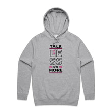 Load image into Gallery viewer, Stay cosy and stylish in our women's relaxed fit hoodie featuring the motivational message, "Talk Less, Do More." This modern, oversized hoodie combines fashion and function, offering a comfortable fit perfect for those who love fashionable, oversized women's hoodies.