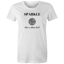 Load image into Gallery viewer, Shine bright with our women's retro t-shirt featuring the iconic slogan 'Sparkle Like a Disco Ball.' Perfect for throwback fashion lovers, this retro-inspired graphic tee is a must-have in your wardrobe. Shop the best retro t-shirts for a timeless, iconic look that never goes out of style!
