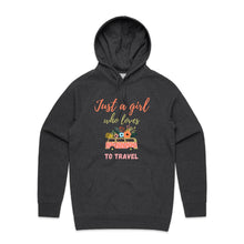 Load image into Gallery viewer, Embrace the travel vibe with our 'Just a Girl Who Loves to Travel' hoodie. This cosy hoodie offers a relaxed fit, blending comfort with streetwear chic. Perfect for wanderers, this fashionable hoodie captures the essence of adventure, making it a staple for any traveler's wardrobe.