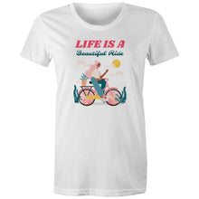 Load image into Gallery viewer, Discover our women's 'Life is a Beautiful Ride' T-shirt, featuring an empowering quote to inspire positivity. This affirmation tee blends style with an inspirational message, perfect for those seeking motivational T-shirts with uplifting, positive quotes. Wear your inspiration with pride!