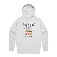 Load image into Gallery viewer, Embrace the travel vibe with our 'Just a Girl Who Loves to Travel' hoodie. This cosy hoodie offers a relaxed fit, blending comfort with streetwear chic. Perfect for wanderers, this fashionable hoodie captures the essence of adventure, making it a staple for any traveler's wardrobe.