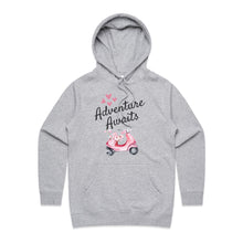 Load image into Gallery viewer, Step into your next adventure with confidence and style in our 'Adventure Awaits' women's pocket hoodie. Designed specifically for the adventurous woman, this hoodie combines the best of both worlds: a soft, cosy fabric that keeps you warm and comfortable on your travels, and spacious pockets for carrying essentials.