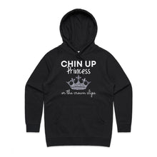 Load image into Gallery viewer, Explore our chic women's pocket hoodie featuring the slogan 'Chin Up Princess, or the Crown Slips.' Perfect for casual street style, this high-quality hoodie combines comfort with premium women's hoodie styles. Elevate your wardrobe with this must-have, empowering piece.