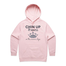 Load image into Gallery viewer, Explore our chic women's pocket hoodie featuring the slogan 'Chin Up Princess, or the Crown Slips.' Perfect for casual street style, this high-quality hoodie combines comfort with premium women's hoodie styles. Elevate your wardrobe with this must-have, empowering piece.