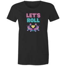 Load image into Gallery viewer, Step back in time with our women's retro t-shirt emblazoned with the iconic slogan 'Let's Roll.' Perfect for fans of throwback fashion, this 80's inspired tee features a retro graphic design, making it a standout addition to any collection of the best retro t-shirts.