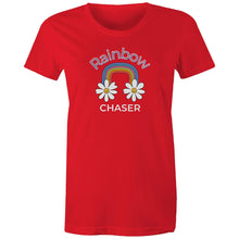 Load image into Gallery viewer, Chase your dreams in style with our 'Rainbow Chaser' women's retro t-shirt. Featuring an iconic retro graphic, this vintage-inspired tee brings vibrant colours and a nostalgic vibe. Perfect for retro clothing lovers, it’s the best choice for those seeking standout, throwback fashion.