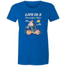 Load image into Gallery viewer, Discover our women's 'Life is a Beautiful Ride' T-shirt, featuring an empowering quote to inspire positivity. This affirmation tee blends style with an inspirational message, perfect for those seeking motivational T-shirts with uplifting, positive quotes. Wear your inspiration with pride!