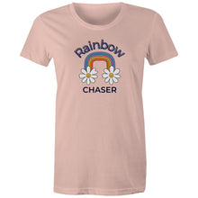 Load image into Gallery viewer, Chase your dreams in style with our 'Rainbow Chaser' women's retro t-shirt. Featuring an iconic retro graphic, this vintage-inspired tee brings vibrant colours and a nostalgic vibe. Perfect for retro clothing lovers, it’s the best choice for those seeking standout, throwback fashion.
