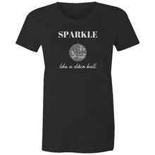 Load image into Gallery viewer, Shine bright with our women's retro t-shirt featuring the iconic slogan 'Sparkle Like a Disco Ball.' Perfect for throwback fashion lovers, this retro-inspired graphic tee is a must-have in your wardrobe. Shop the best retro t-shirts for a timeless, iconic look that never goes out of style!