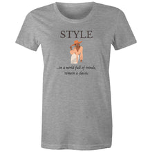 Load image into Gallery viewer, Stand out with our women's t-shirt featuring the message: 'In a World Full of Trends, Remain a Classic.' This empowering quote shirt delivers an inspirational message for timeless style. Perfect for those who value positive quotes and uplifting slogans, our women's empowerment tees inspire confidence and individuality.