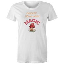 Load image into Gallery viewer, Embrace eco-friendly fashion with our women's organic cotton t-shirt featuring the empowering message 'Create Your Own Magic.' This premium sustainable tee offers style and comfort, perfect for those who value quality and the environment. Elevate your wardrobe with this must-have inspirational piece.
