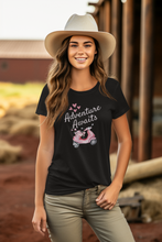 Load image into Gallery viewer, Embrace style and positivity with our 'Adventure Awaits' t-shirt. Featuring an inspirational message of empowerment and exploration, this comfortable and versatile tee is perfect for those ready to take on life's journeys. Spread a positive message wherever you go with this must-have addition to your wardrobe.