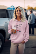 Load image into Gallery viewer, Step into your next adventure with confidence and style in our 'Adventure Awaits' women's pocket hoodie. Designed specifically for the adventurous woman, this hoodie combines the best of both worlds: a soft, cosy fabric that keeps you warm and comfortable on your travels, and spacious pockets for carrying essentials.