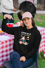 Load image into Gallery viewer, Discover our chic and fashionable women's regular fit hoodie, featuring the uplifting slogan 'Life is a beautiful ride.' Perfect for casual street style, this high-quality designer hoodie blends comfort and style. Shop the latest trendy, premium women's hoodie collection for your go-to look!