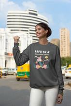 Load image into Gallery viewer, Stay cosy in our women's relaxed fit sweatshirt featuring the uplifting slogan 'Life is a Beautiful Ride'. This fashionable oversized sweatshirt combines comfort and style, perfect for casual days. Discover your new favourite comfortable sweatshirt for a laid-back, effortless look!