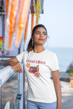 Load image into Gallery viewer, Spread positivity with our 'Good Vibes' 100% organic t-shirt. Crafted from eco-friendly, natural fibres, this sustainable tee is perfect for those who value organic cotton clothing. Feel good and do good with this stylish, comfortable, and environmentally conscious wardrobe essential.