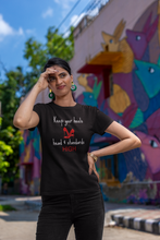Load image into Gallery viewer, Stay stylish and eco-conscious with our women's 100% organic cotton t-shirt featuring the empowering message, 'Keep Your Heels, Head, and Standards High.' Crafted from premium, sustainable materials, this eco-friendly tee combines fashion and values for the best organic clothing choice.