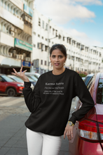 Load image into Gallery viewer, Embrace comfort and style with our women's sweatshirt featuring the edgy message 'Karma Sutra - when life f**ks you in all sorts of creative ways.' Designed with a modern, relaxed fit and oversized feel, this fashionable sweatshirt is perfect for making a bold statement while staying cosy.