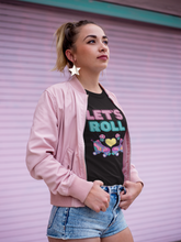 Load image into Gallery viewer, Step back in time with our women's retro t-shirt emblazoned with the iconic slogan 'Let's Roll.' Perfect for fans of throwback fashion, this 80's inspired tee features a retro graphic design, making it a standout addition to any collection of the best retro t-shirts.