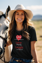 Load image into Gallery viewer, Stay eco-conscious and stylish with our women's 'Live, Love, Laugh' t-shirt. Made from 100% organic cotton, this premium, sustainable tee combines comfort with an uplifting message. Perfect for those who love top-quality, eco-friendly, and organic cotton clothing.