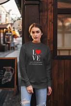 Load image into Gallery viewer, Experience ultimate comfort with our women's relaxed fit sweatshirt featuring a 'Love' message. This modern, fashionable oversized sweatshirt combines style and cosiness, making it a must-have for any wardrobe. Embrace the trend with our comfortable sweatshirts designed for a relaxed fit.