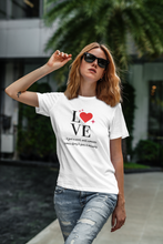 Load image into Gallery viewer, Discover our top-quality women's 100% organic cotton t-shirt featuring a 'Love' slogan. Crafted from the best organic materials, this eco-friendly tee offers premium sustainable fashion. Elevate your style with our organic cotton t-shirts—perfect for those seeking comfort and an environmentally conscious wardrobe.