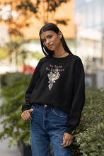 Load image into Gallery viewer, Discover our women's relaxed fit sweatshirt featuring the inspiring slogan "No Rain, No Flowers." This modern, comfortable sweatshirt offers a fashionable oversized design perfect for a relaxed fit. Elevate your wardrobe with this must-have piece.