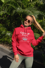 Load image into Gallery viewer, Discover our relaxed fit hoodie with the empowering slogan 'Chin Up Princess, or the Crown Slips.' Perfect for those who love fashionable oversized hoodies, this hoodie blends comfort with style. Elevate your streetwear with this must-have hoodie designed for confidence.