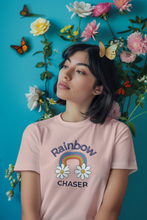 Load image into Gallery viewer, Chase your dreams in style with our 'Rainbow Chaser' women's retro t-shirt. Featuring an iconic retro graphic, this vintage-inspired tee brings vibrant colours and a nostalgic vibe. Perfect for retro clothing lovers, it’s the best choice for those seeking standout, throwback fashion.